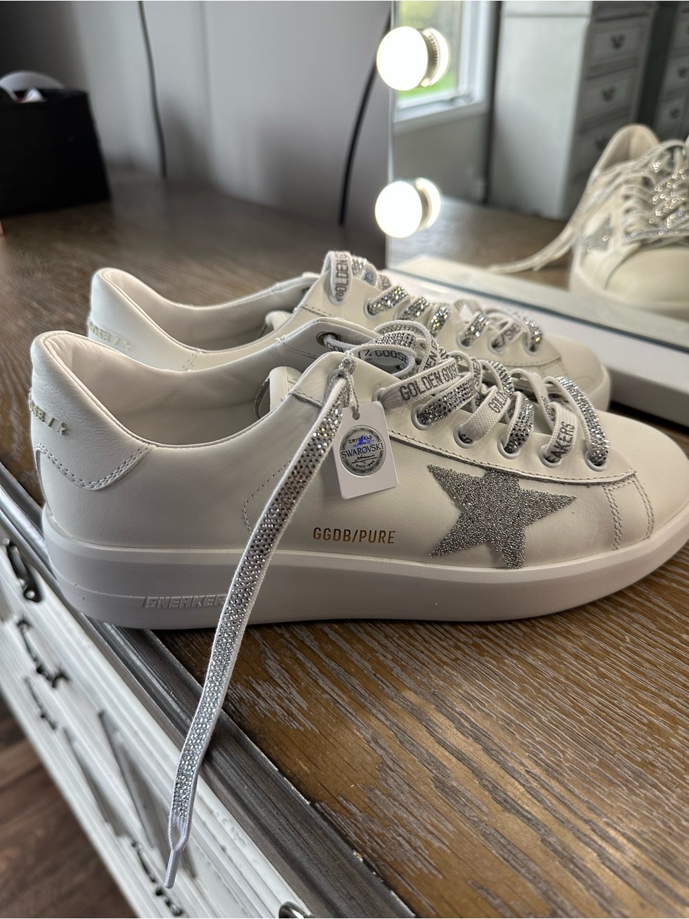 Golden Goose White Leather Sneakers with Silver Crystal Star Accent - Picture 9 of 14